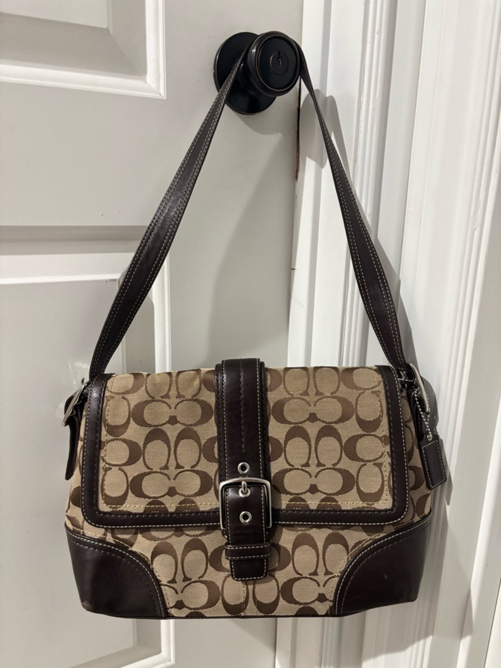 🍎🍎SOLD🍎🍎Coach Signature Canvas Brown Leather Flap Shoulder Bag Crossbody Y2K